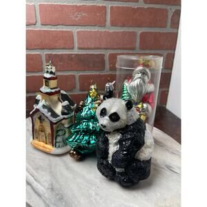 Lot 4 Blown Glass Ornaments Panda Church Santa Tree Glitter Christmas Decor